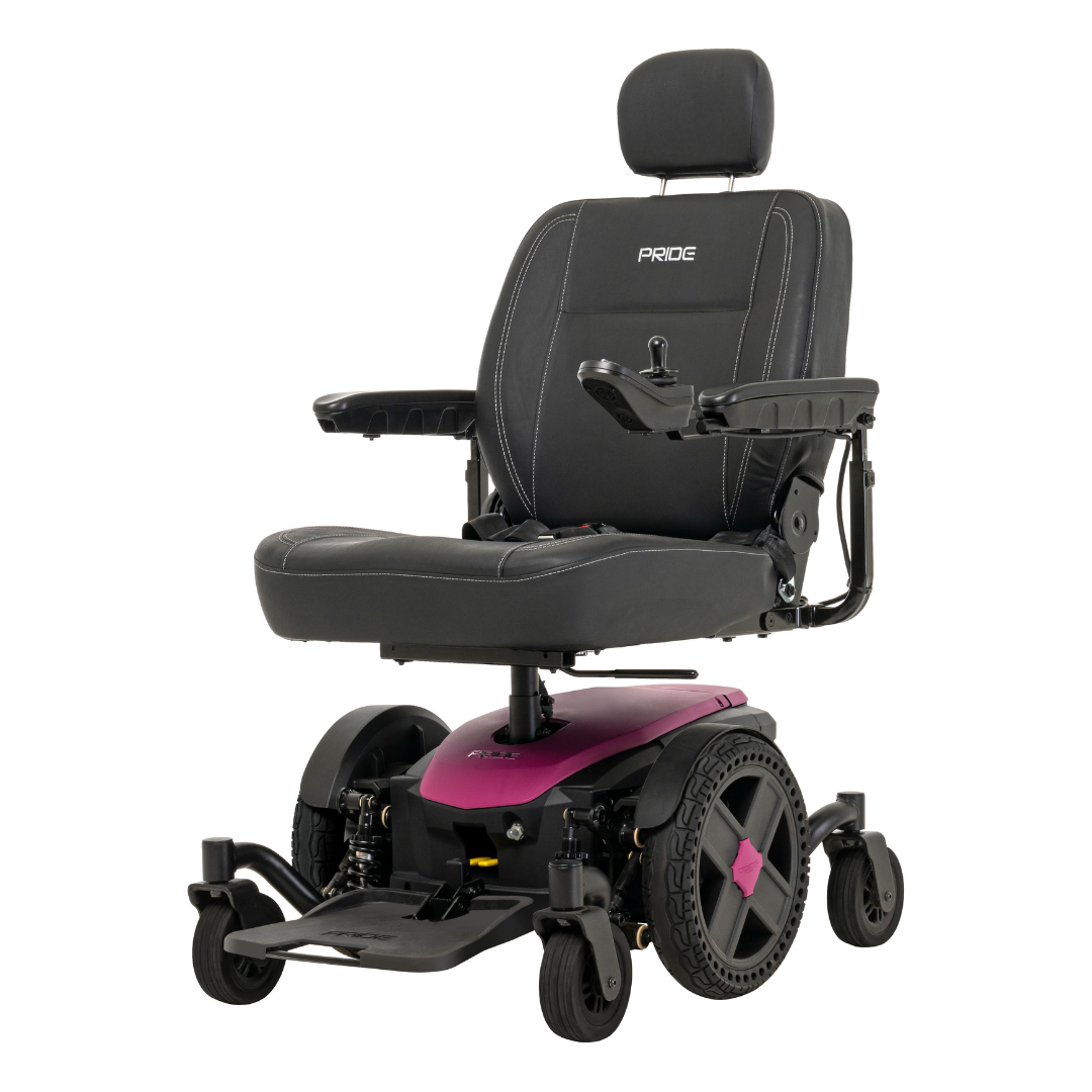 The Pride Mobility Jazzy® EVO 614 HD Bariatric Powerchair with ATX Suspension is a heavy-duty mobility chair in black and pink, featuring armrests, headrest, right-arm joystick control, and large rear wheels for improved mobility.